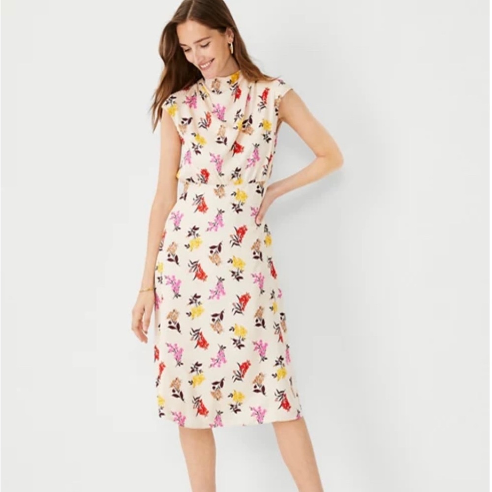 Ann Taylor Floral Mock Neck Midi Flare Dress sz 4